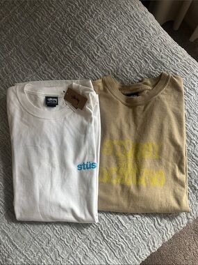 Stussy White Tee with Blue Logo & Tan Stussy Graphic Tee